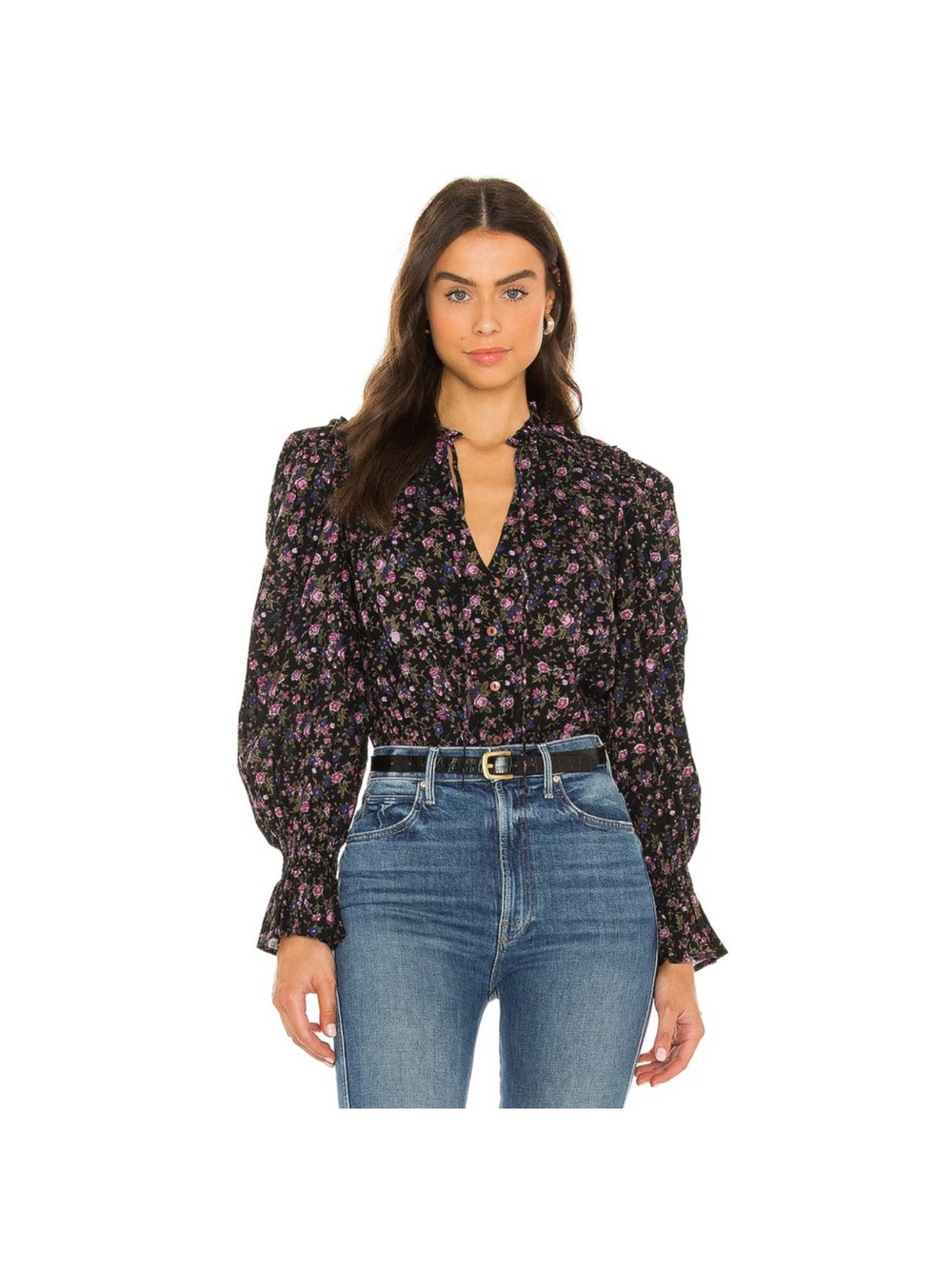 Free People Meant To Be Blouse Black Floral Multi Ruffle Collar Long Sleeve Sz L